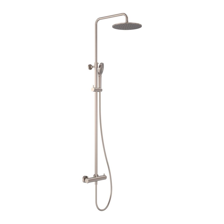 Douchecombinatie Showerpipe thermostatisch hoh 150mm incl. hoofddouche 25cm + handdouce 3-straalsoorten  geborsteld  nickel PVD MAY