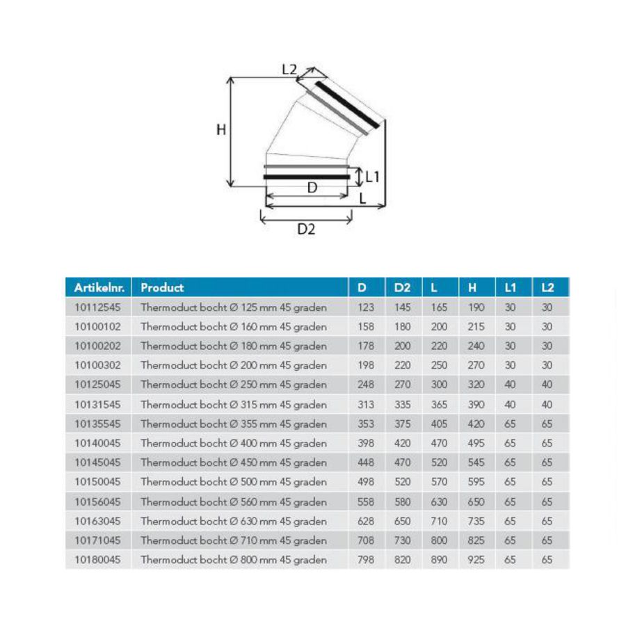 Thermoduct bocht 160mm 45° geisoleerd