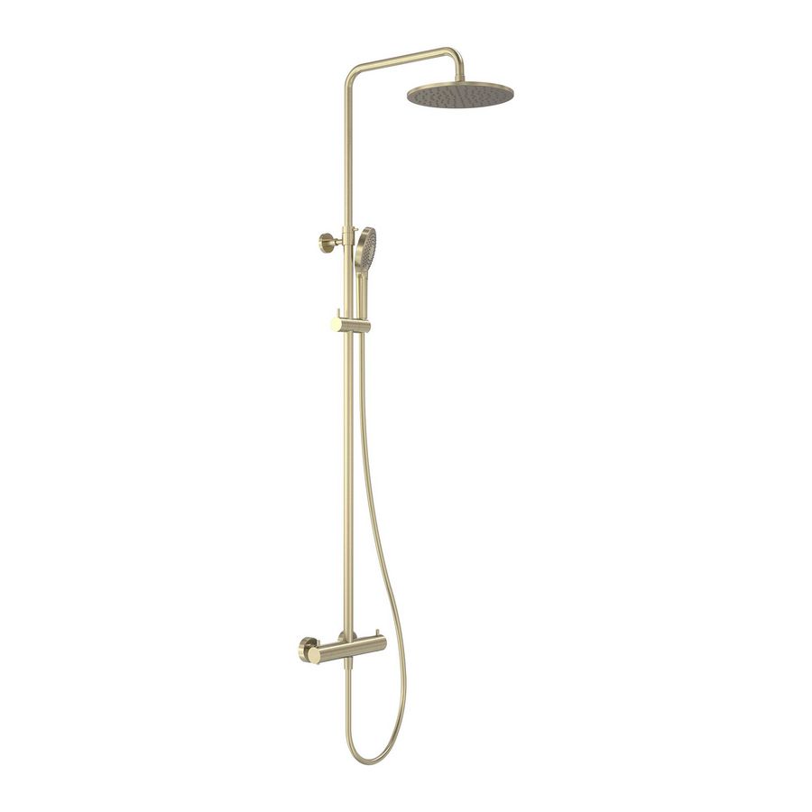Douchecombinatie Showerpipe thermostatisch hoh 150mm incl. hoofddouche 25cm + handdouce 3-straalsoorten  geborsteld  mat goud PVD MAY