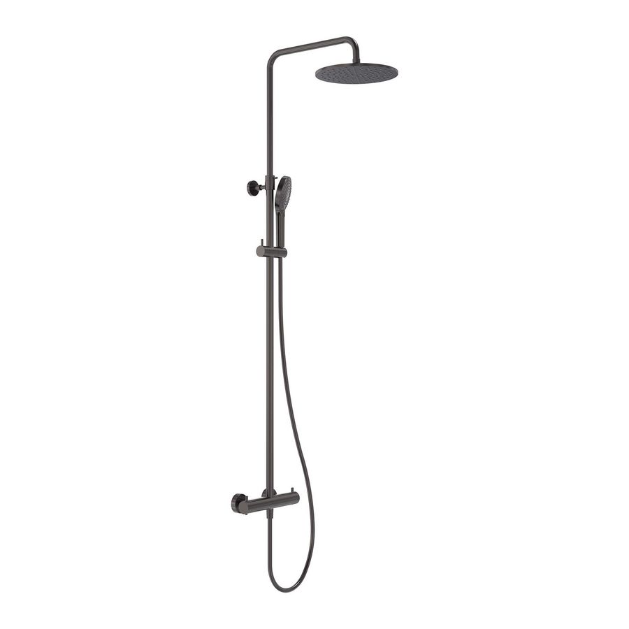 Douchecombinatie Showerpipe thermostatisch hoh 150mm incl. hoofddouche 25cm + handdouce 3-straalsoorten  geborsteld  carbon black PVD MAY