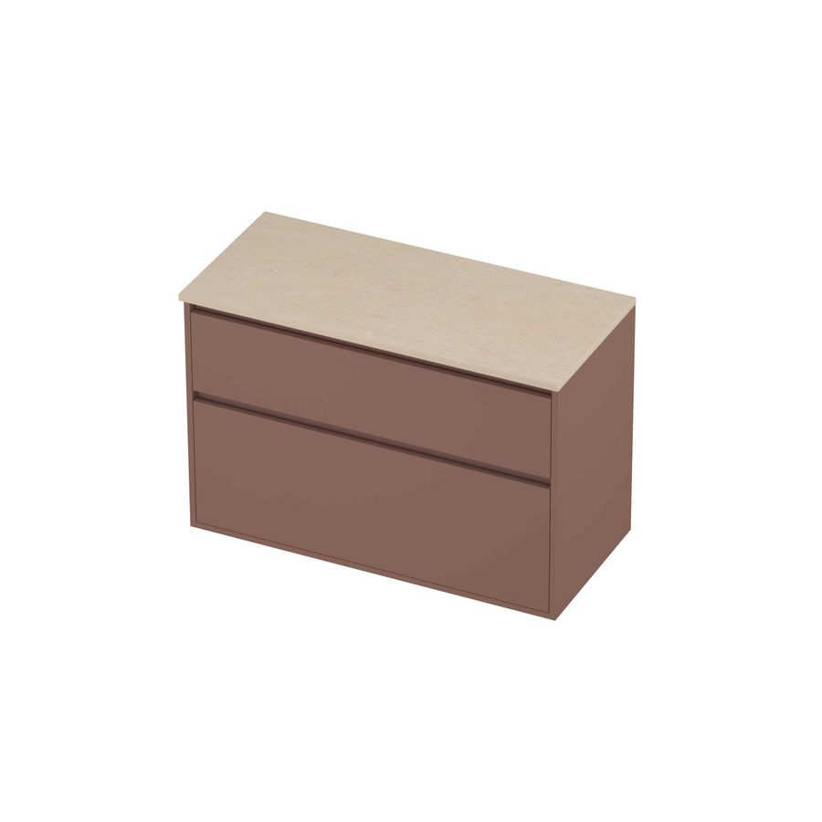 Deck Set Top afdekplaat hardsteen en onderkast greeploos 2 laden a-symmetrisch in kader 1000x460x670mm Sand stone/Beauty blush
