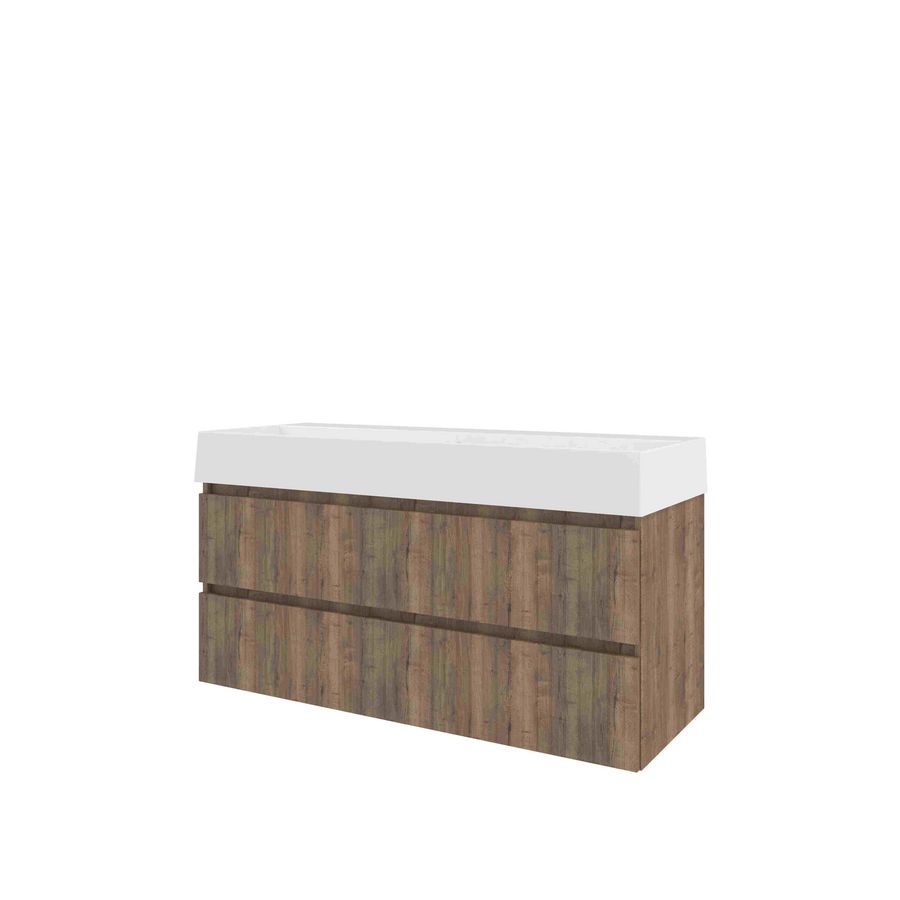 Porselein wastafel LOFT 2 kraangat onderkast 1200X460X650 Terra oak / glans wit