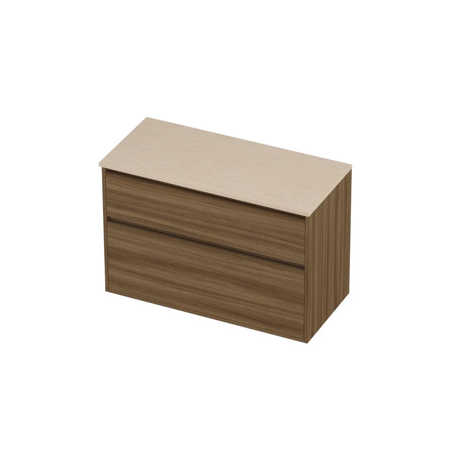 Deck Set Top afdekplaat hardsteen en onderkast greeploos 2 laden a-symmetrisch in kader 1000x460x670mm Sand stone/Caramel walnut