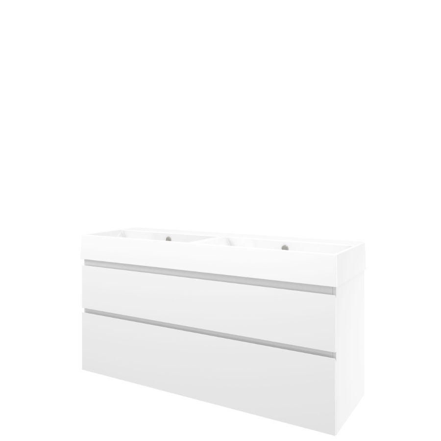 Set Proline porselein Loft dubb. wastafel wit zonder kraangat onderkast asymmetrisch glans wit 140x46cm