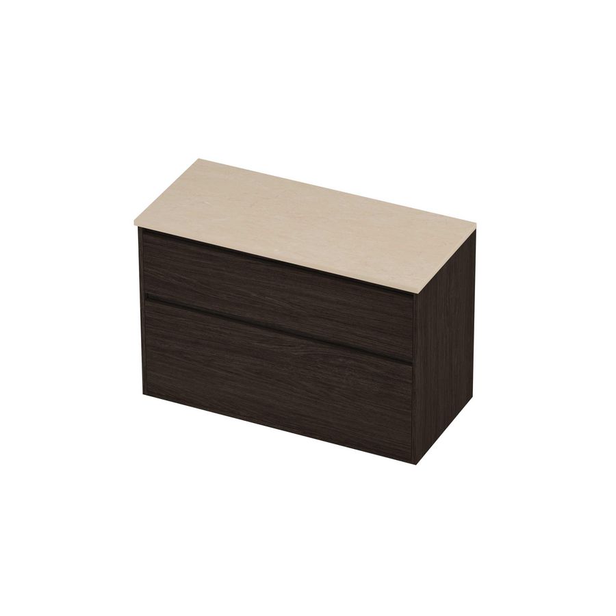 Deck Set Top afdekplaat hardsteen en onderkast greeploos 2 laden a-symmetrisch in kader 1000x460x670mm Sand stone/Mokka oak