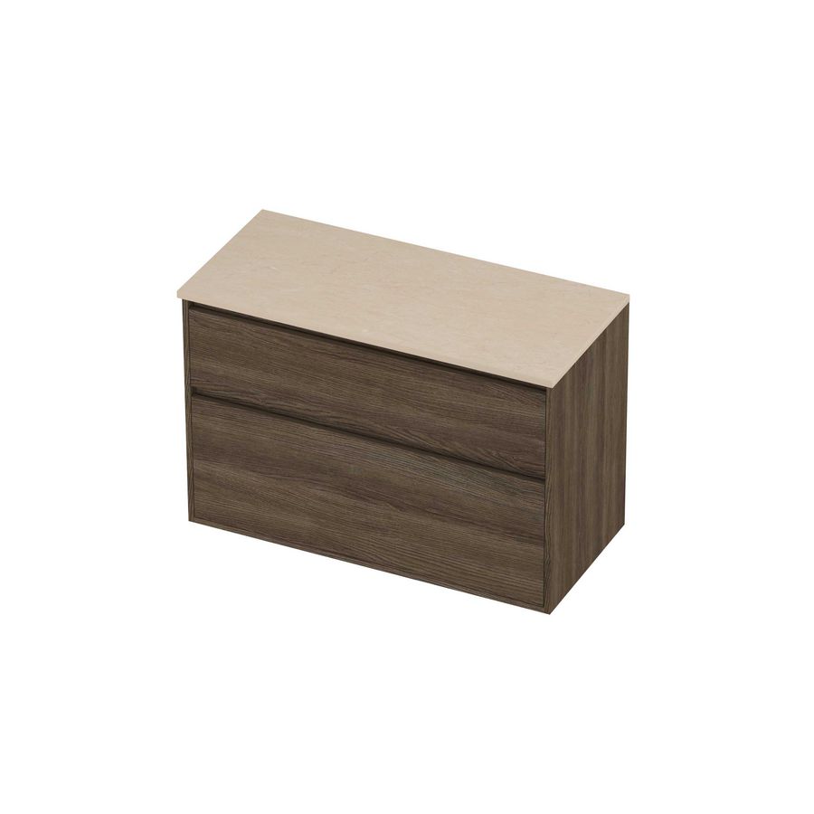 Deck Set Top afdekplaat hardsteen en onderkast greeploos 2 laden a-symmetrisch in kader 1000x460x670mm Sand stone/Vital oak