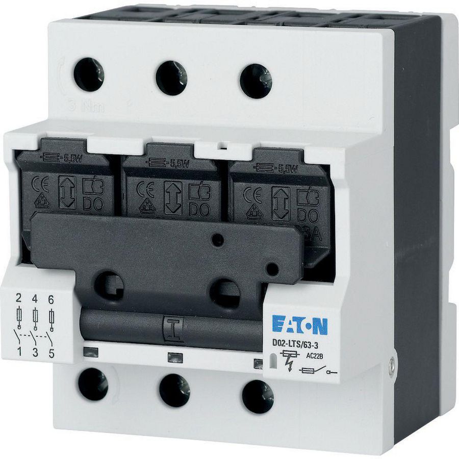 Veilighedenlastscheider D02 of D01, 63A, 3p 72mm, ook voor 10x38 cilin Eaton