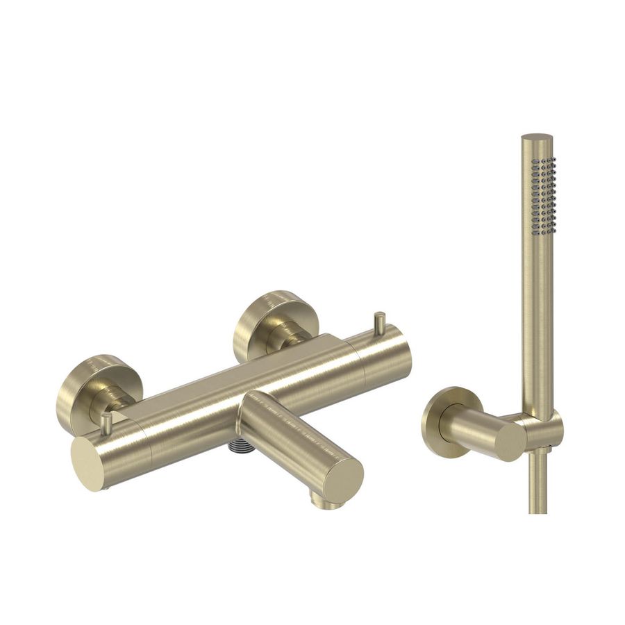 Badthermostaat hoh 150mm + handdoucheset  (staafdouche, doucheslang 1250mm, verstelb. douchehouder ) geborsteld  mat goud PVD MAY