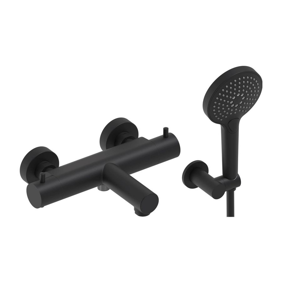 Badthermostaat hoh 150mm + handdoucheset (staafdouche, doucheslang 1250mm, verstelb. douchehouder )e mat zwart PED MAY