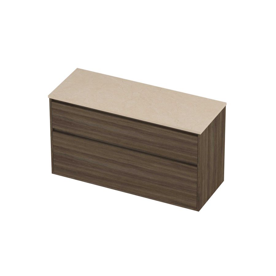 Deck Set Top afdekplaat hardsteen en onderkast greeploos 2 laden a-symmetrisch in kader 1200x460x670mm Sand stone/Vital oak
