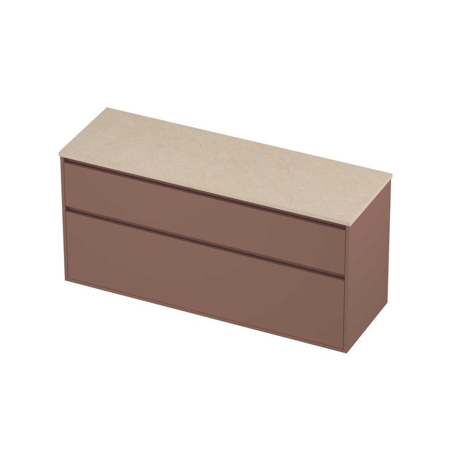 Deck Set Top afdekplaat hardsteen en onderkast greeploos 2 laden a-symmetrisch in kader 1400x460x670mm Sand stone/Beauty blush
