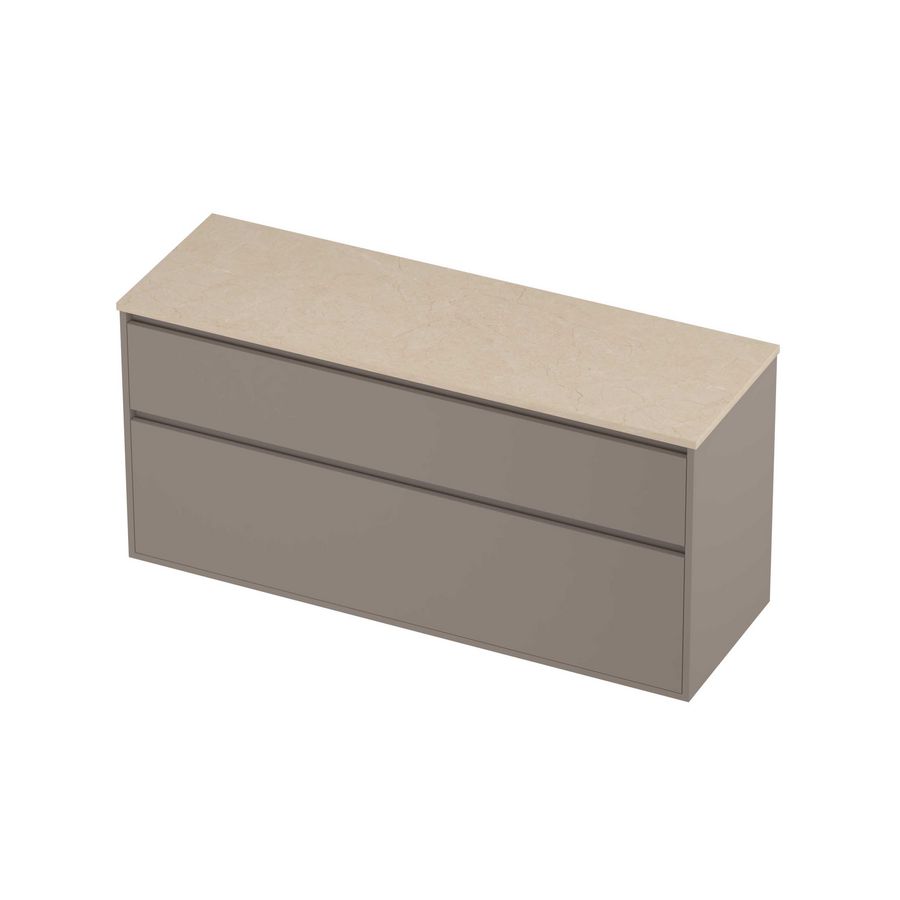 Deck Set Top afdekplaat hardsteen en onderkast greeploos 2 laden a-symmetrisch in kader 1400x460x670mm Sand stone/Clay beige