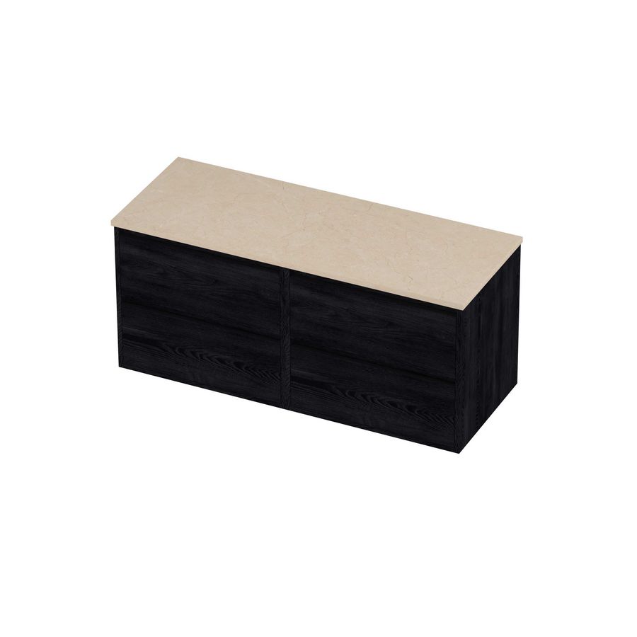 Deck Set Top afdekplaat hardsteen en onderkast greeploos 4 laden symmetrisch in kader 1200x460x540mm Sand stone/Black oak