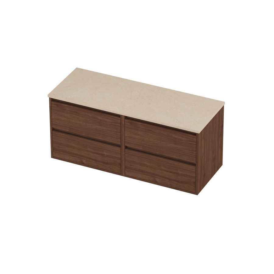 Deck Set Top afdekplaat hardsteen en onderkast greeploos 4 laden symmetrisch in kader 1200x460x540mm Sand stone/Indian walnut