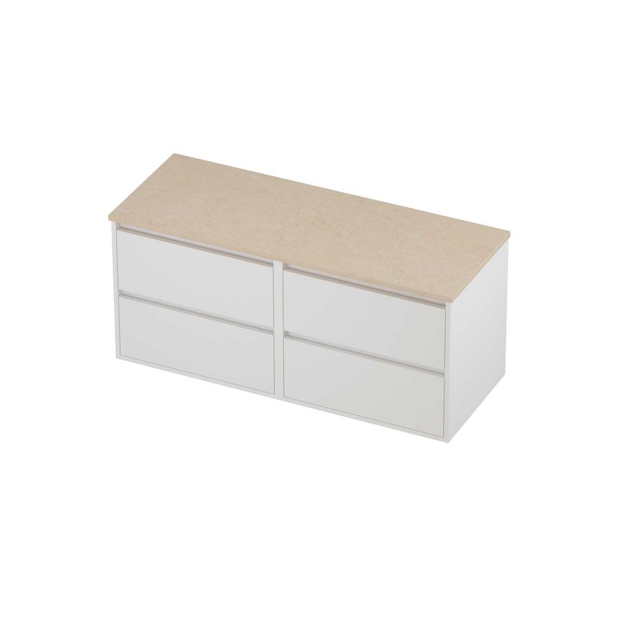Deck Set Top afdekplaat hardsteen en onderkast greeploos 4 laden symmetrisch in kader 1200x460x540mm Sand stone/matt white