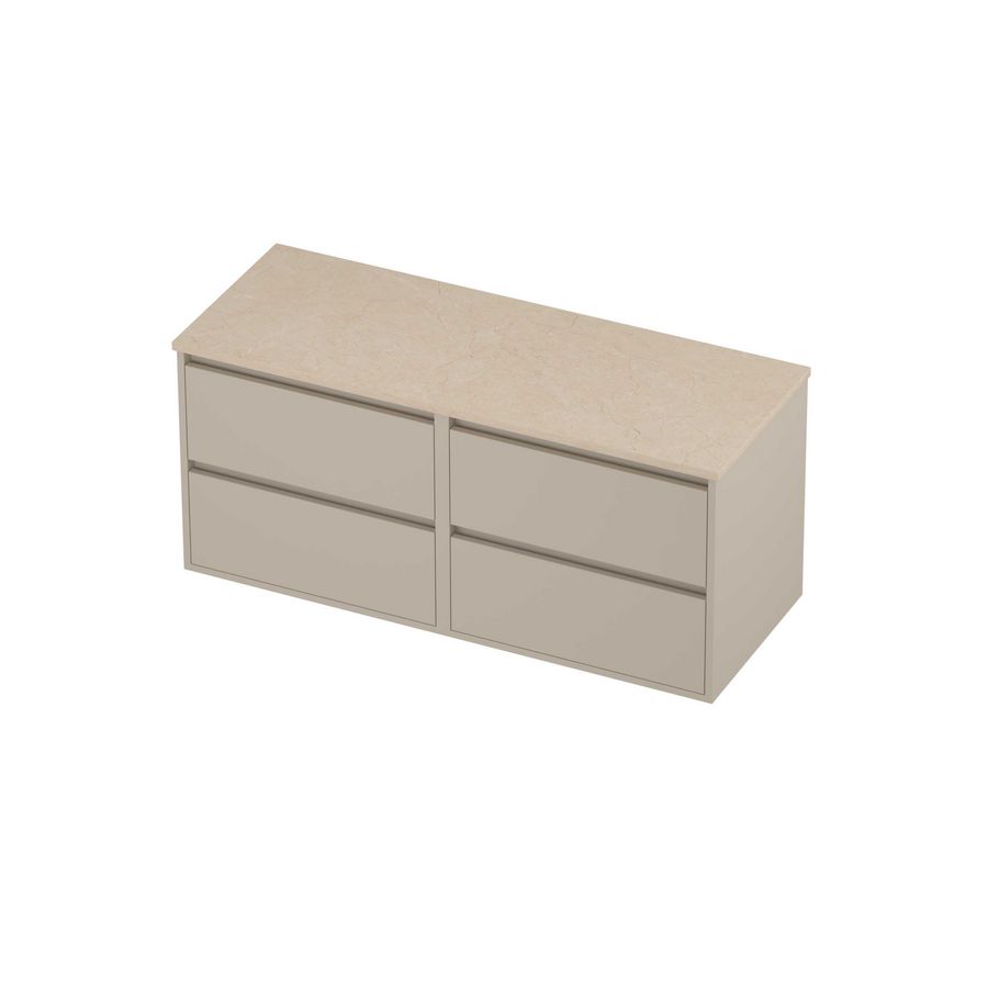 Deck Set Top afdekplaat hardsteen en onderkast greeploos 4 laden symmetrisch in kader 1200x460x540mm Sand stone/Soft linen