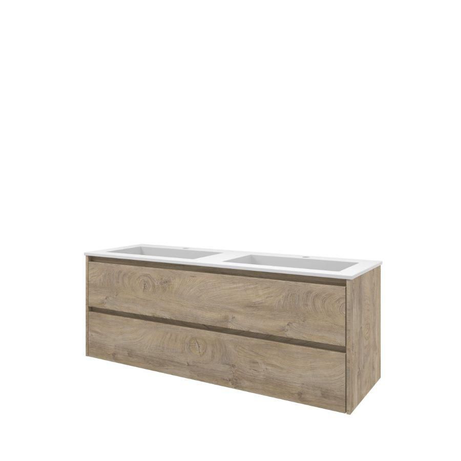Set Proline polystone Elegant dubb. wastafel mat wit met 2 kraangaten onderkast symmetrisch raw oak 140x46cm