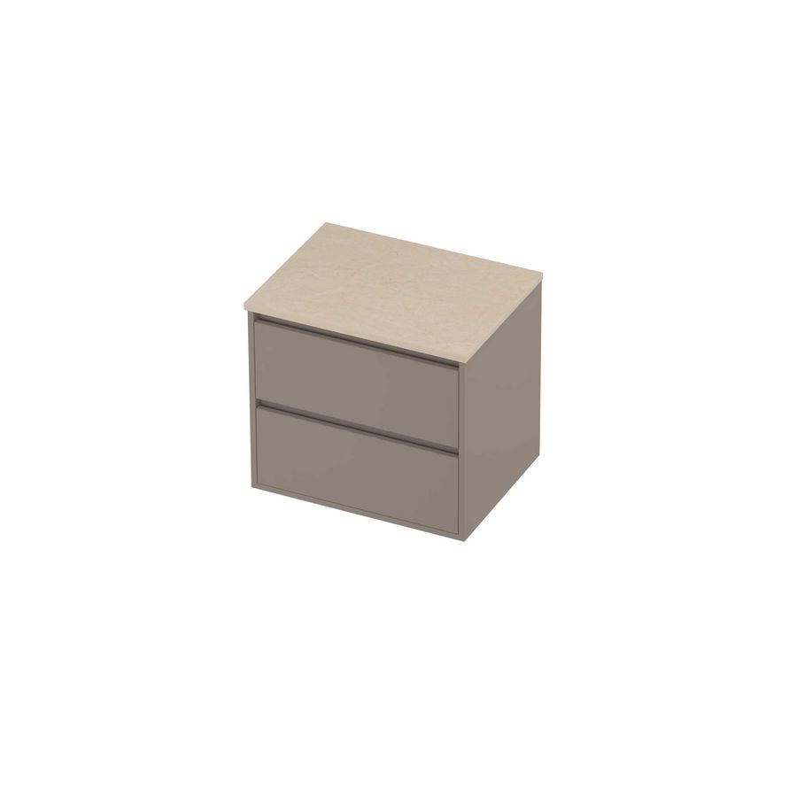 Deck Set Top afdekplaat hardsteen en onderkast greeploos 2 laden symmetrisch in kader 600x460x540mm Sand stone/Clay beige
