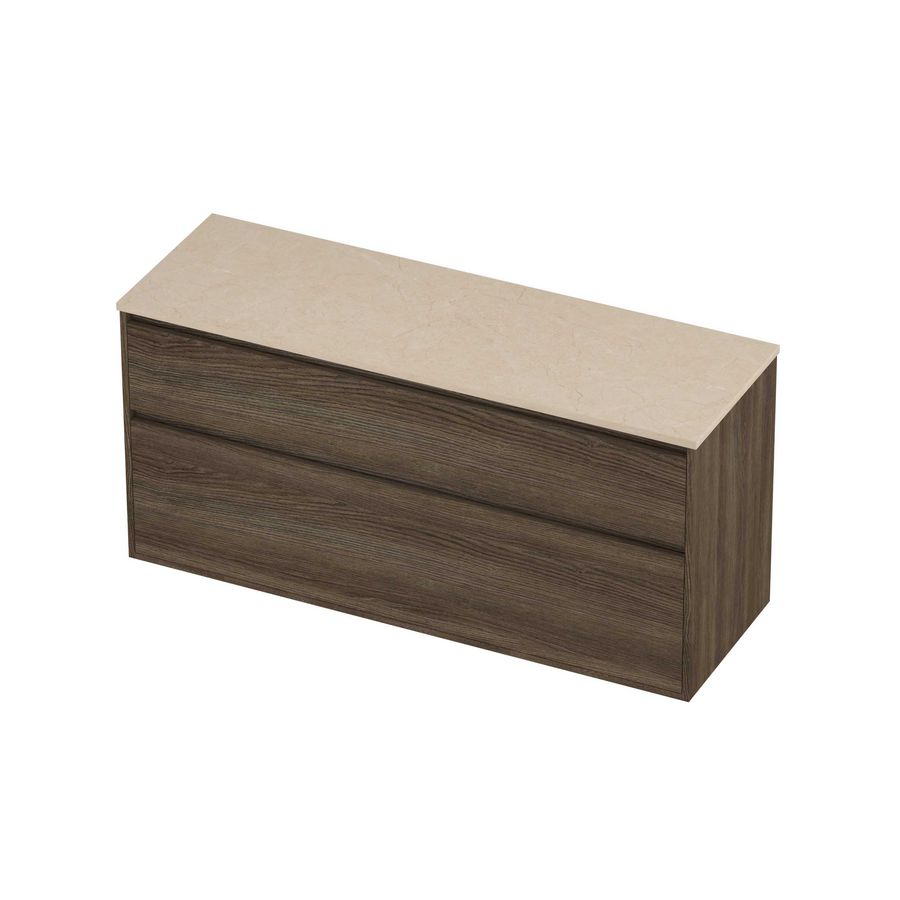 Deck Set Top afdekplaat hardsteen en onderkast greeploos 2 laden a-symmetrisch in kader 1400x460x670mm Sand stone/Vital oak