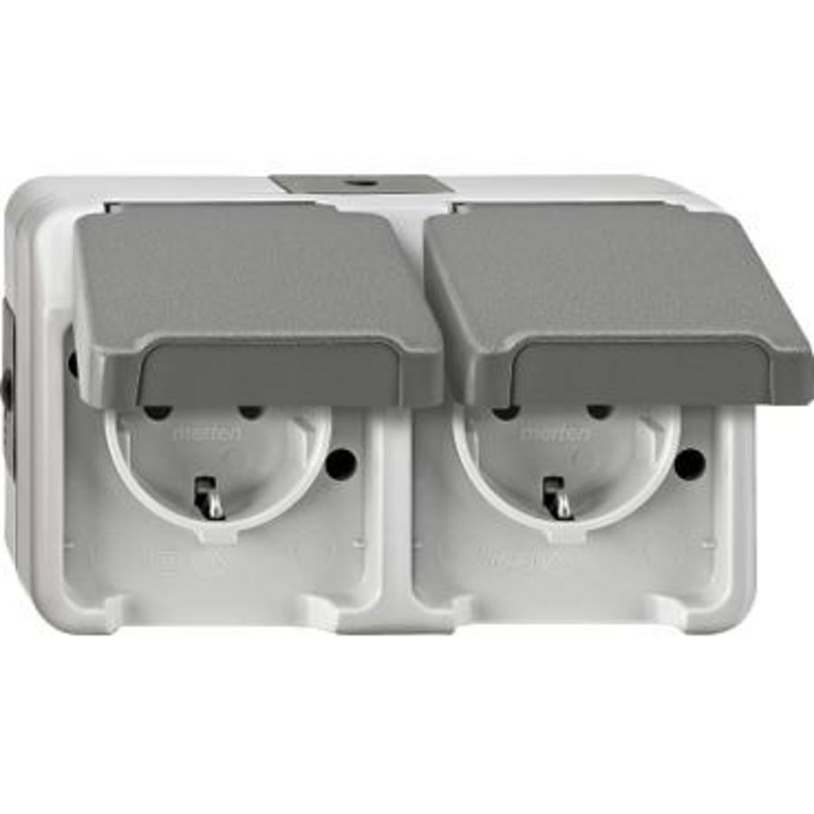 Wandcontactdoos Opbouw 2-voudig Horizontaal grijs Merten AQUASTAR IP44