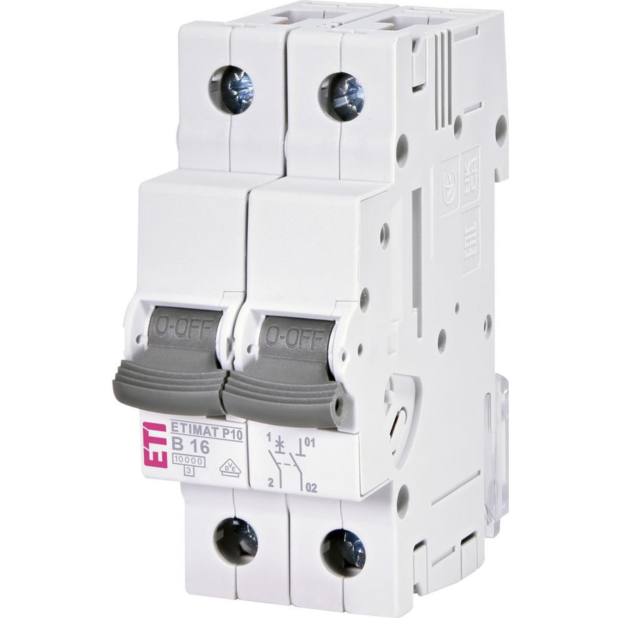 Installatieautomaat ETIMAT P10 B-karakteristiek 16A 2 mod. 1-polig + Nul 10kA 1901110