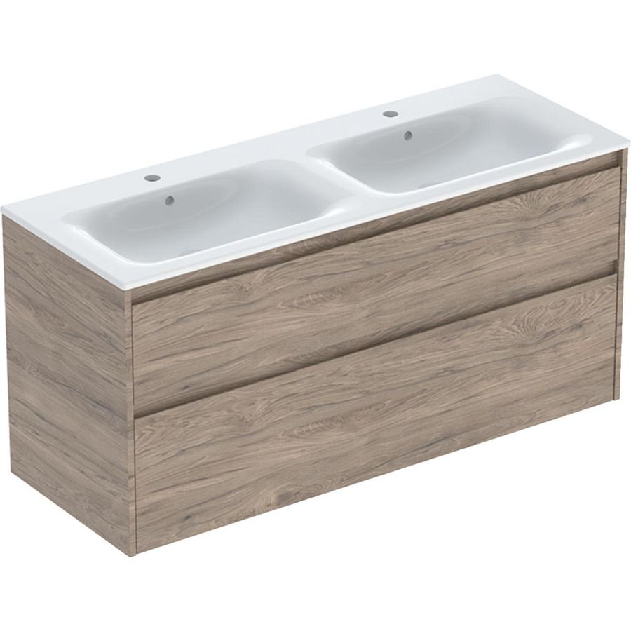 set dubbele meubelwastafel smalle rand met onderkast 2x la: 130x62.1x48cm Breedte wastafel=130cm Wastafel: wit Corpus Front: walnoot hickory / Melamine houtstructuur