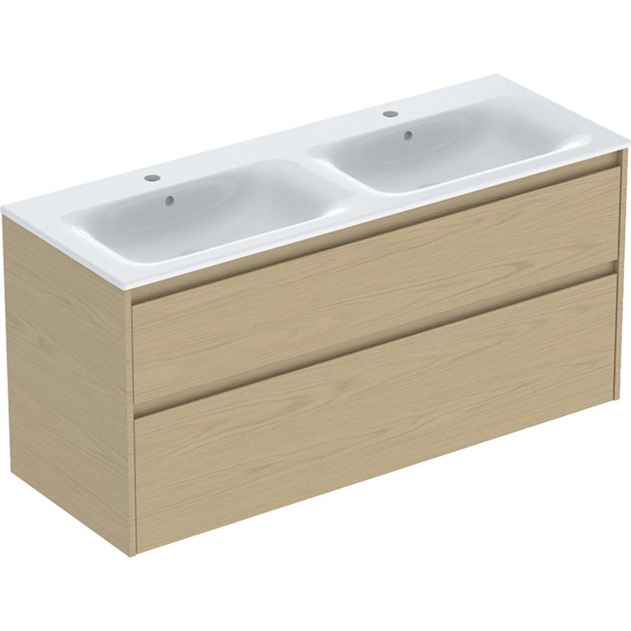 set dubbele meubelwastafel smalle rand met onderkast 2x la: 130x62.1x48cm Breedte wastafel=130cm Wastafel: wit / KeraTect Corpus Front: eik naturel / Melamine houtstructuur