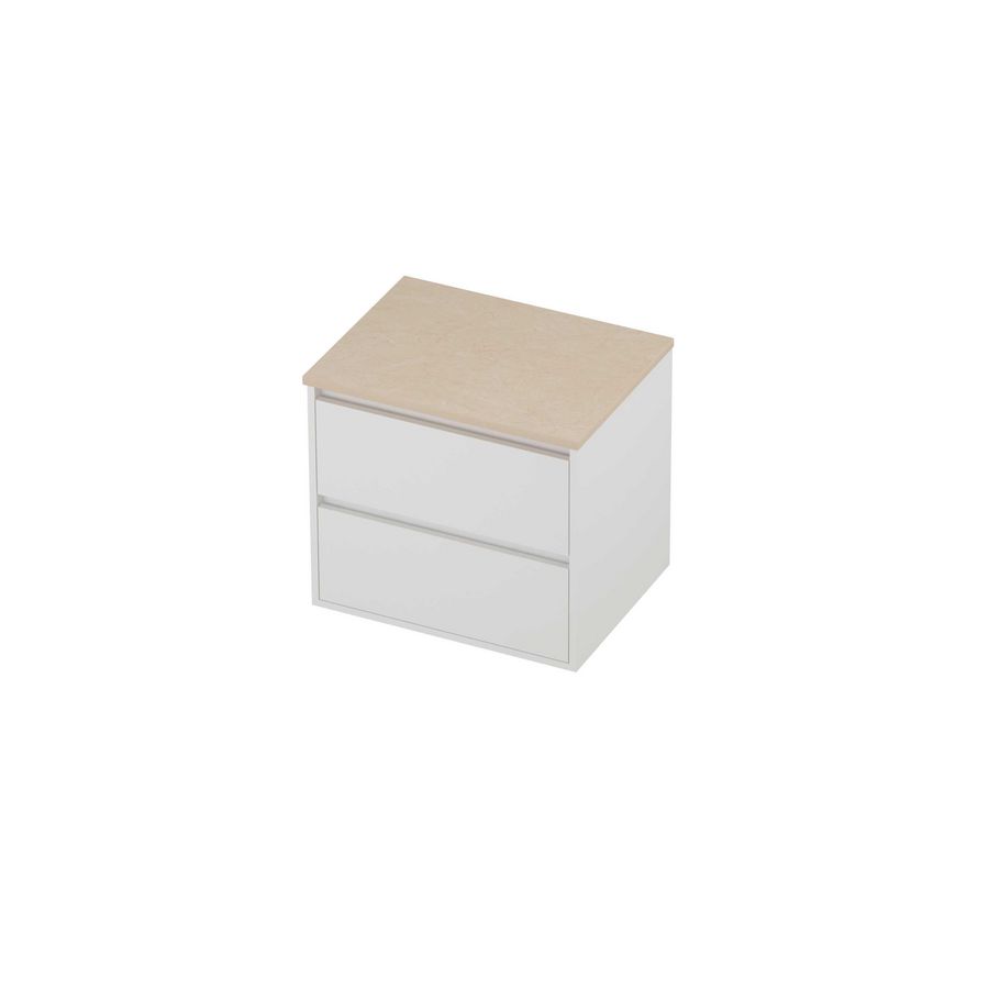 Deck Set Top afdekplaat hardsteen en onderkast greeploos 2 laden symmetrisch in kader 600x460x540mm Sand stone/matt white
