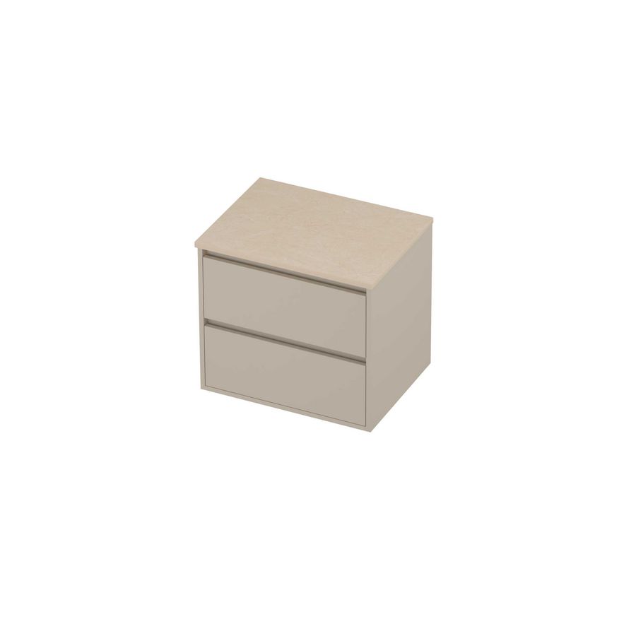 Deck Set Top afdekplaat hardsteen en onderkast greeploos 2 laden symmetrisch in kader 600x460x540mm Sand stone/Soft linen