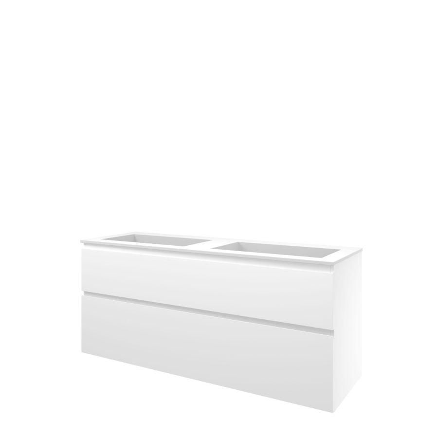 Set Proline polystone Elegant dubb. wastafel mat wit zonder kraangat onderkast asymmetrisch mat wit 140x46cm