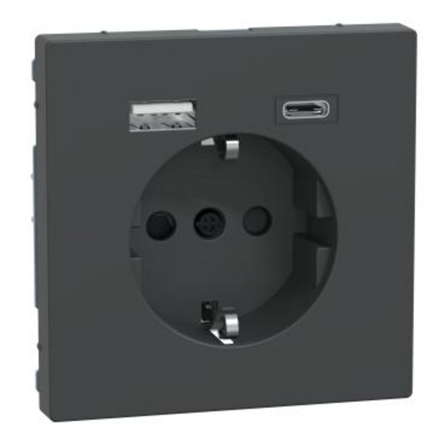 Wandcontactdoos Dubbele USB-poort A+C 16A Kunststof Antraciet Systeem D
