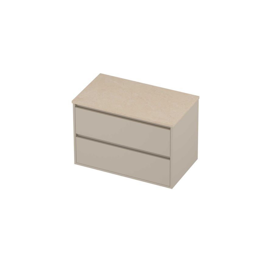 Deck Set Top afdekplaat hardsteen en onderkast greeploos 2 laden symmetrisch in kader 800x460x540mm Sand stone/Soft linen
