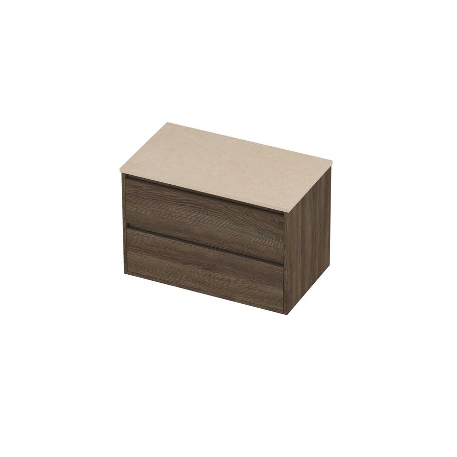 Deck Set Top afdekplaat hardsteen en onderkast greeploos 2 laden symmetrisch in kader 800x460x540mm Sand stone/Vital oak