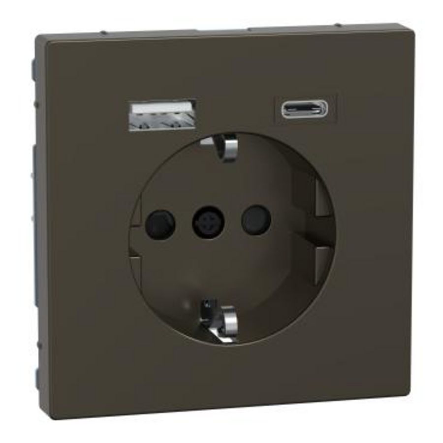 Wandcontactdoos Dubbele USB-poort A+C 16A Mocca Metallic Systeem D