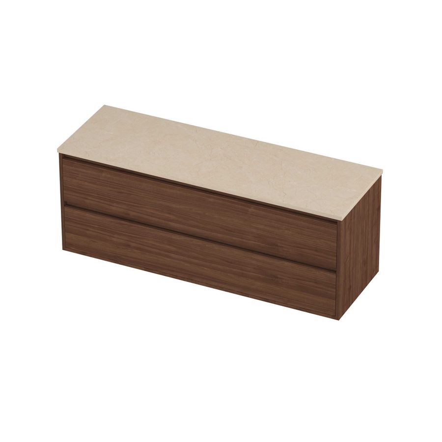 Deck Set Top afdekplaat hardsteen en onderkast greeploos 2 laden symmetrisch in kader 1400x460x540mm Sand stone/Indian walnut
