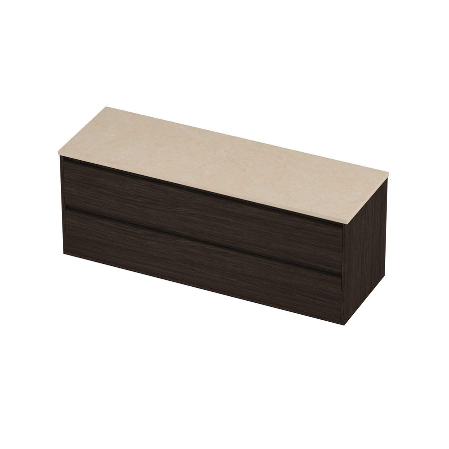 Deck Set Top afdekplaat hardsteen en onderkast greeploos 2 laden symmetrisch in kader 1400x460x540mm Sand stone/Mokka oak