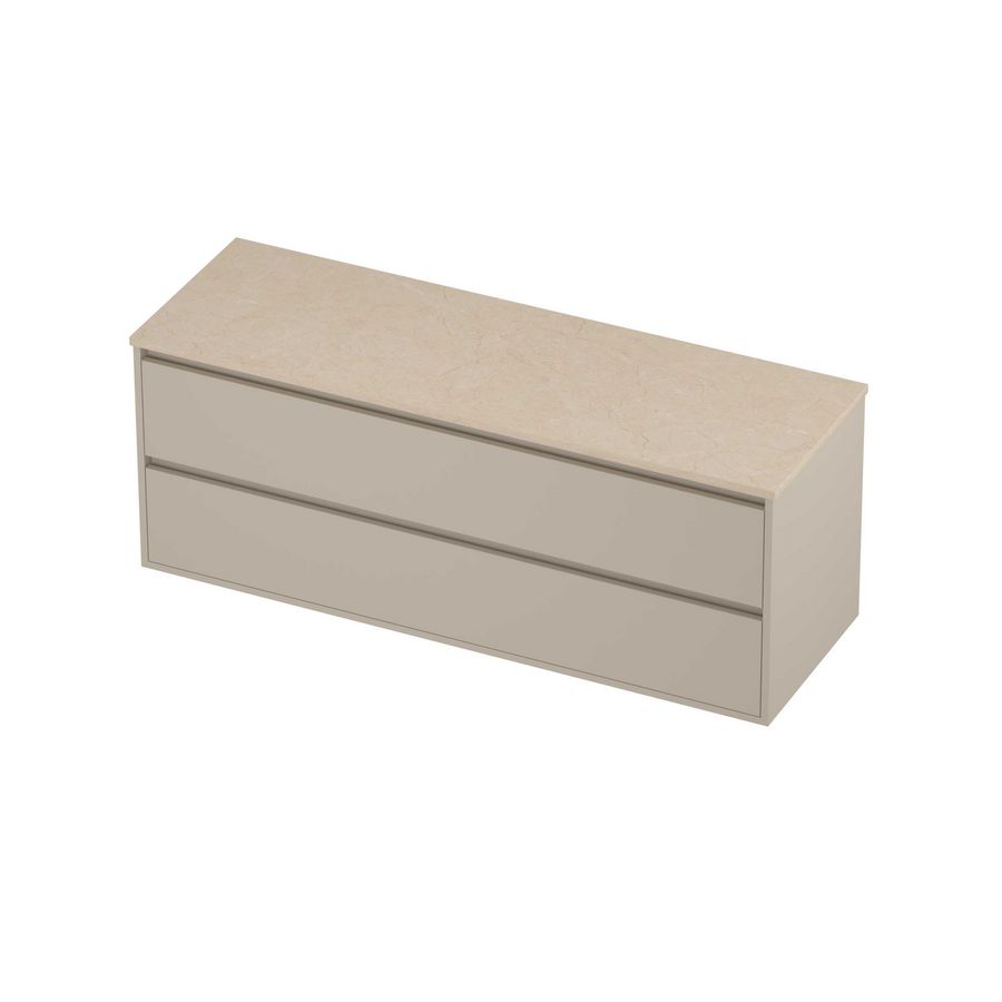 Deck Set Top afdekplaat hardsteen en onderkast greeploos 2 laden symmetrisch in kader 1400x460x540mm Sand stone/Soft linen