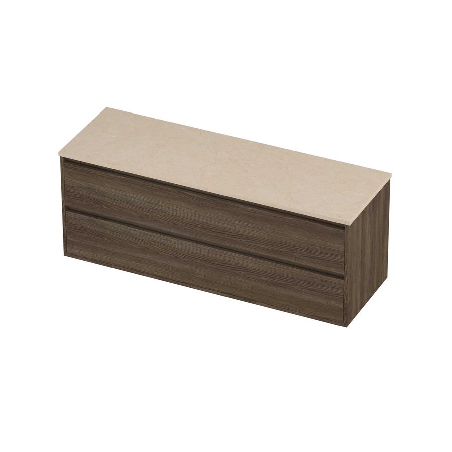 Deck Set Top afdekplaat hardsteen en onderkast greeploos 2 laden symmetrisch in kader 1400x460x540mm Sand stone/Vital oak