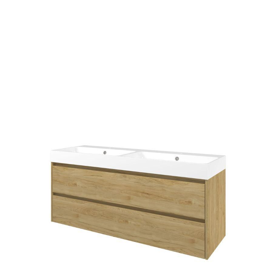 Set Proline polystone Loft dubb. wastafel glans wit met 2 kraangaten onderkast symmetrisch ideal oak 140x46cm