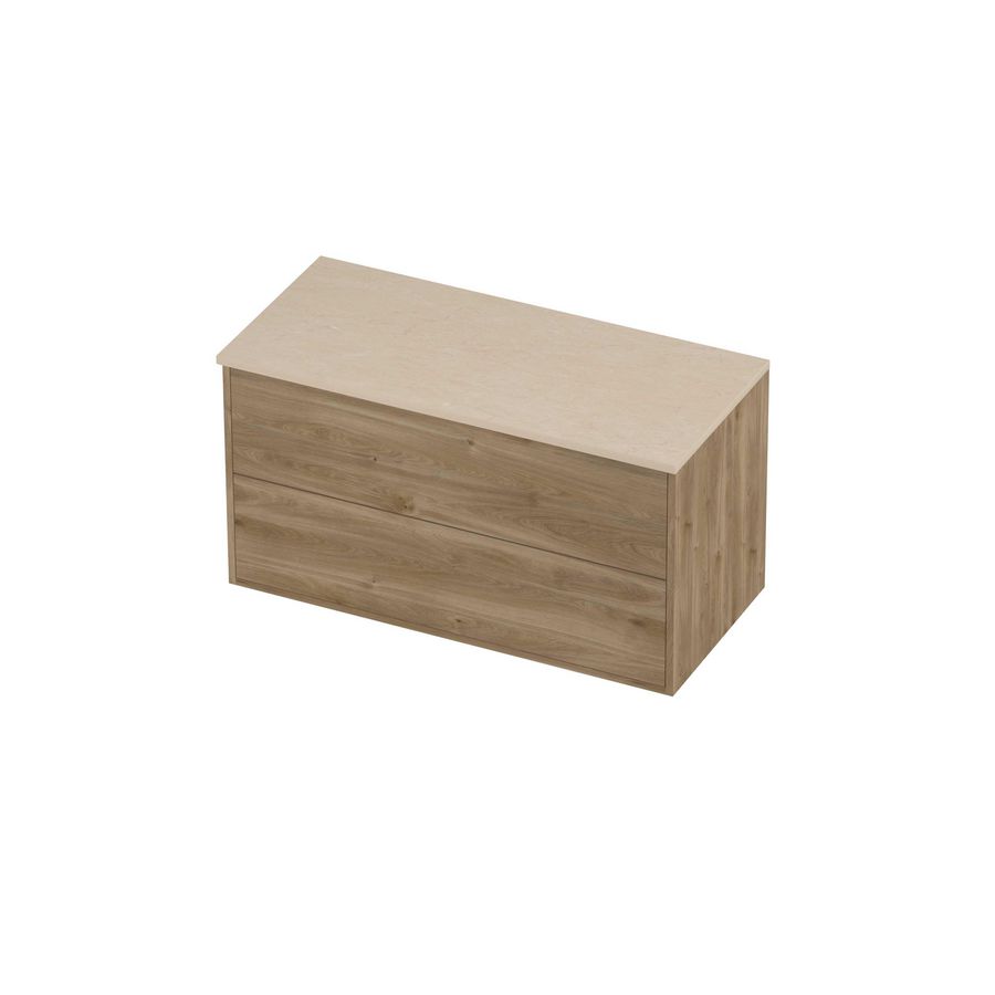 Deck Set Top afdekplaat hardsteen en onderkast tbv grepen 2 laden symmetrisch in kader 1000x460x540mm Sand stone/Cider oak