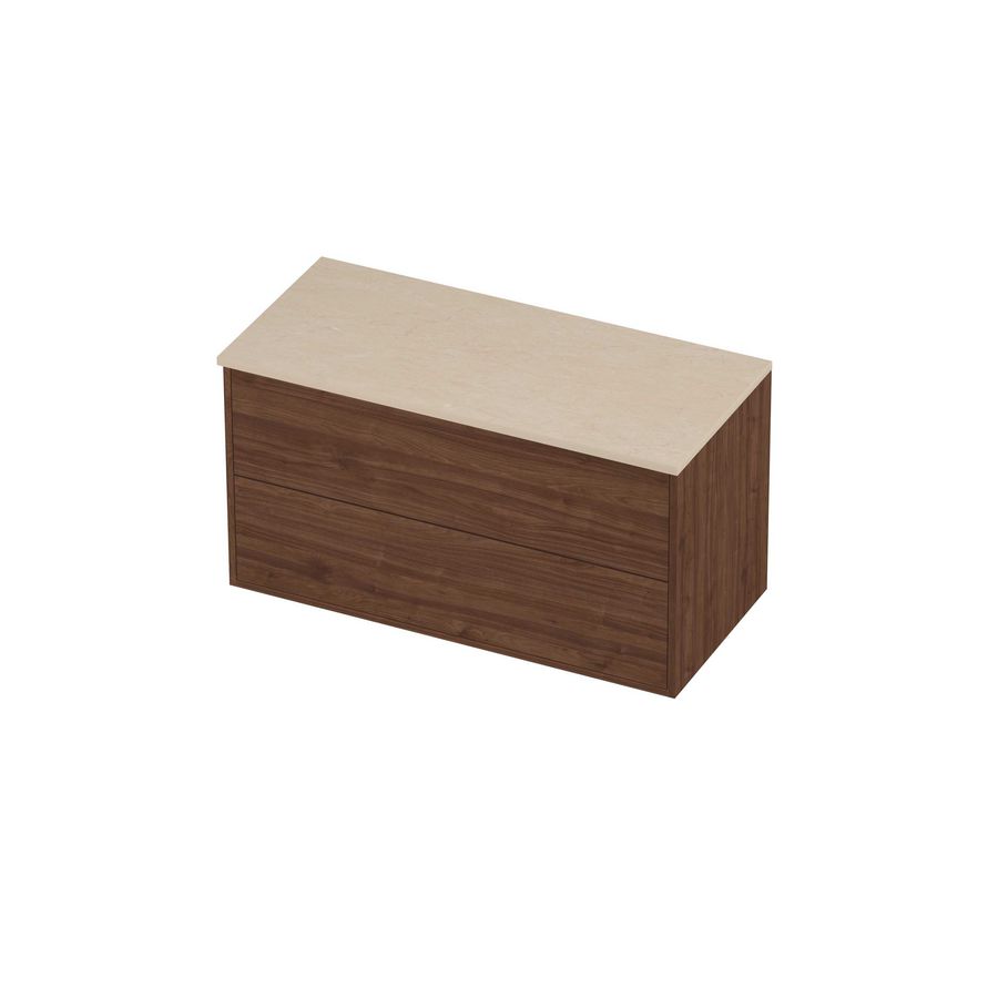 Deck Set Top afdekplaat hardsteen en onderkast tbv grepen 2 laden symmetrisch in kader 1000x460x540mm Sand stone/Indian walnut