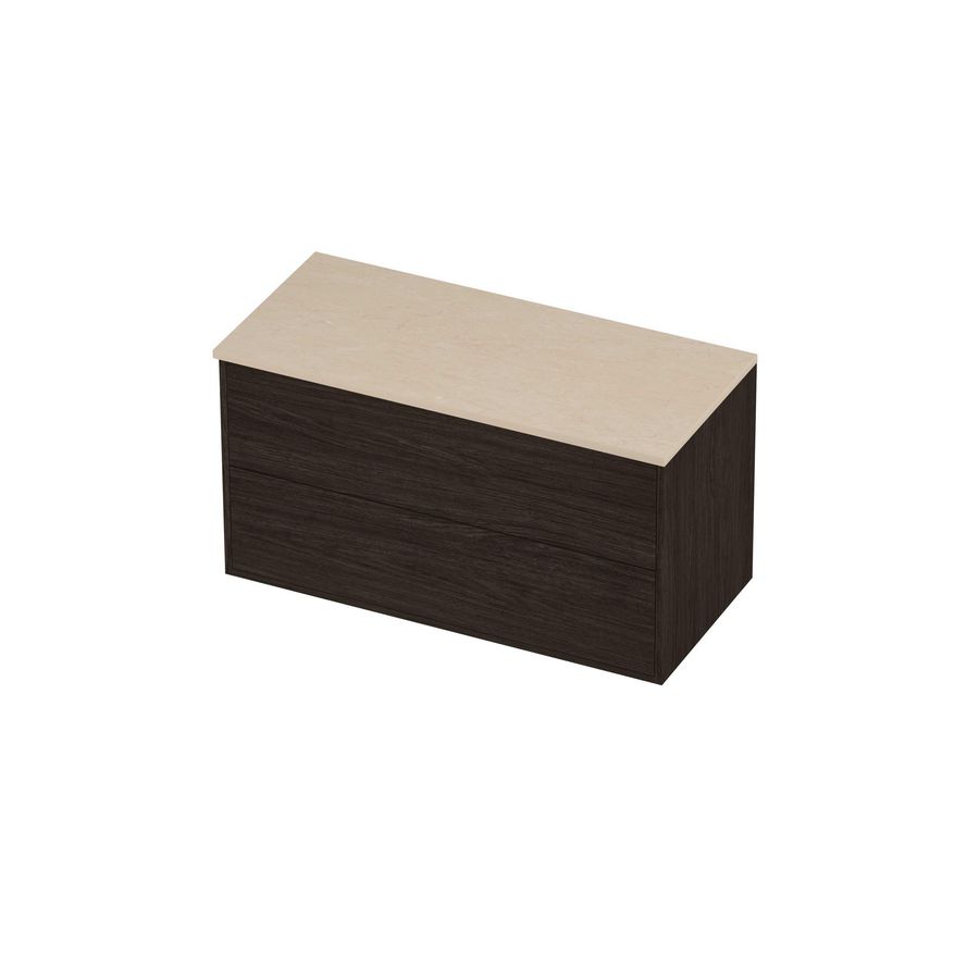 Deck Set Top afdekplaat hardsteen en onderkast tbv grepen 2 laden symmetrisch in kader 1000x460x540mm Sand stone/Mokka oak