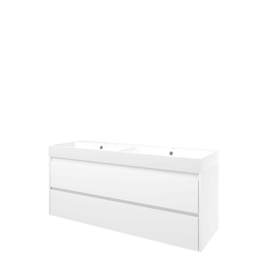 Set Proline polystone Loft dubb. wastafel mat wit met 2 kraangaten onderkast symmetrisch glans wit 140x46cm