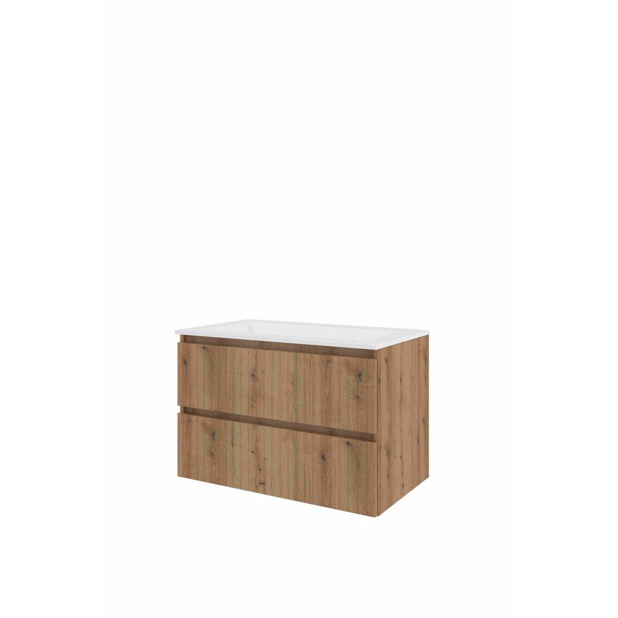Polystone wastafel 1 kraangat onderkast symmetrisch 800X460X540 Urban oak / glans wit