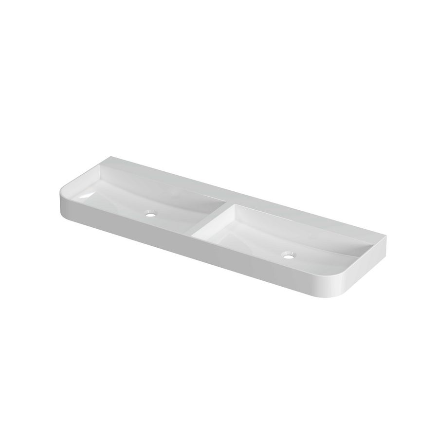 Wastafel polystone afgerond model met dubbele wasbak zonder kraangat 140cm glans wit