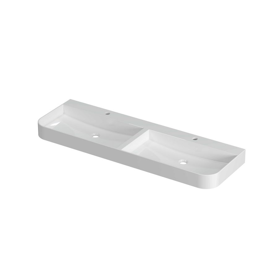 Wastafel polystone afgerond model met dubbele wasbak 2 kraangaten 140cm glans wit