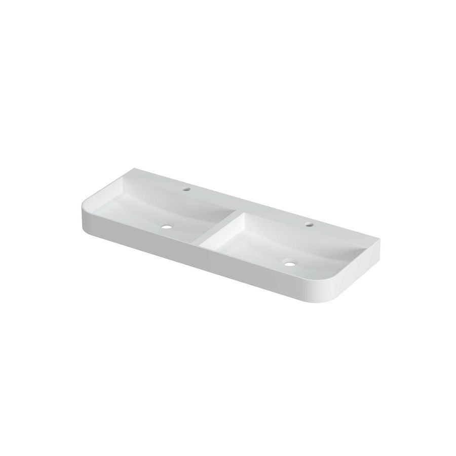 Wastafel polystone afgerond model met dubbele wasbak 2 kraangaten 120cm mat wit