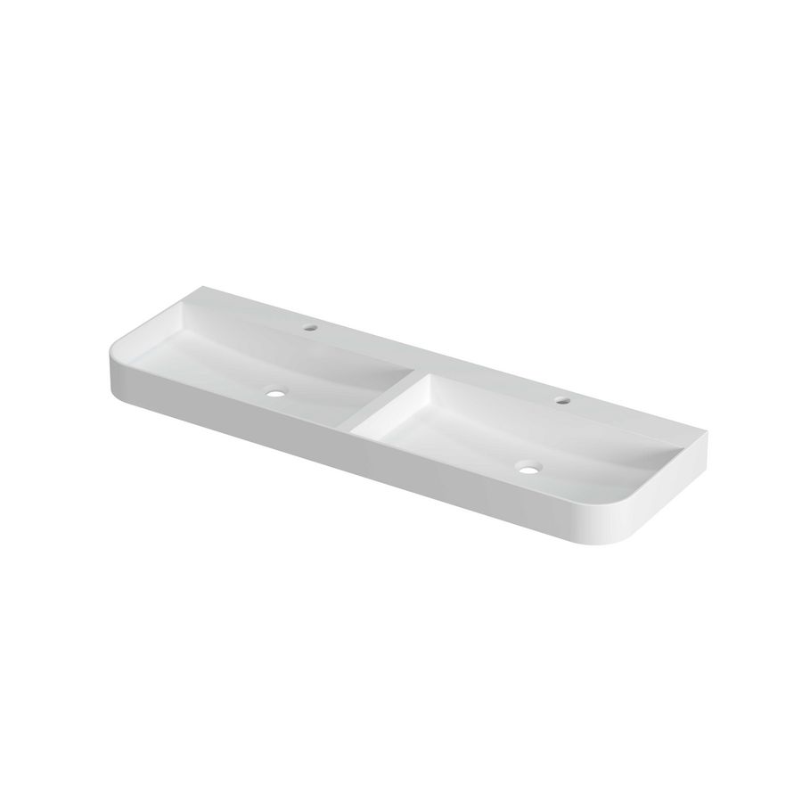 Wastafel polystone afgerond model met dubbele wasbak 2 kraangaten 140cm mat wit