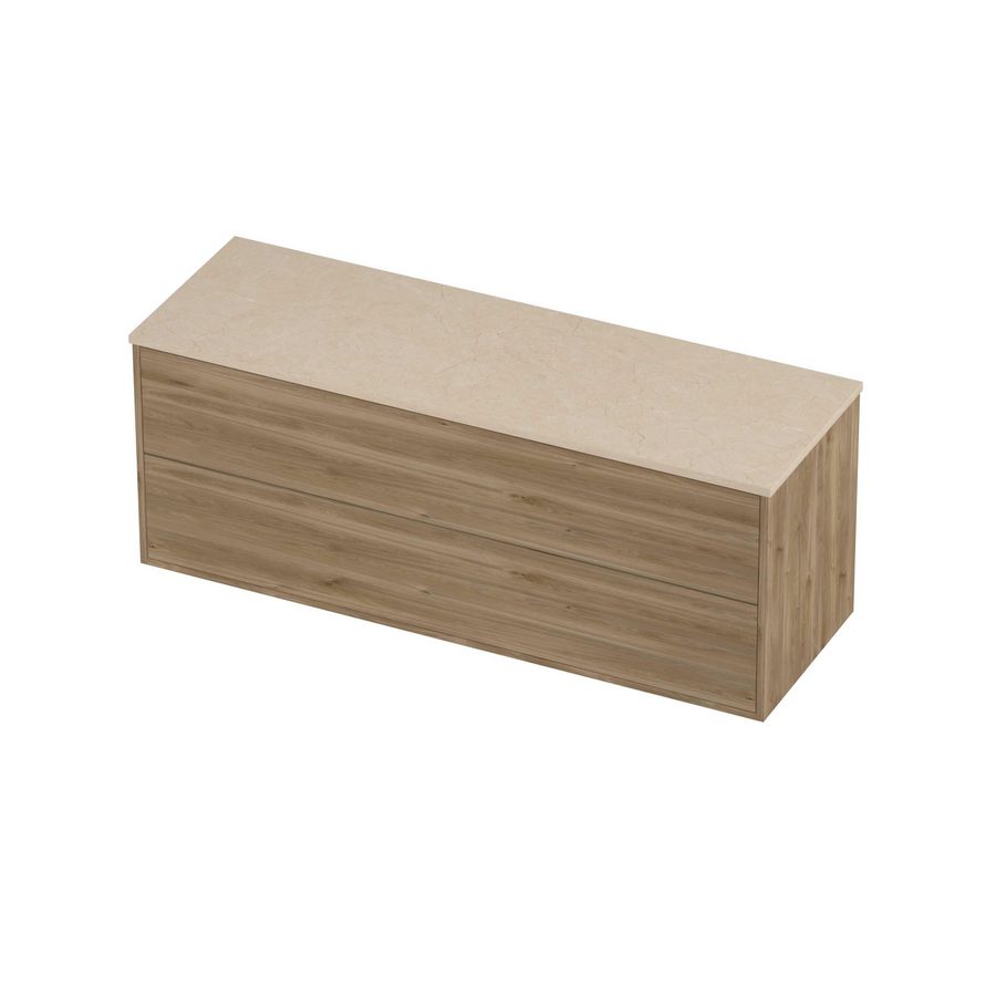 Deck Set Top afdekplaat hardsteen en onderkast tbv grepen 2 laden symmetrisch in kader 1400x460x540mm Sand stone/Cider oak