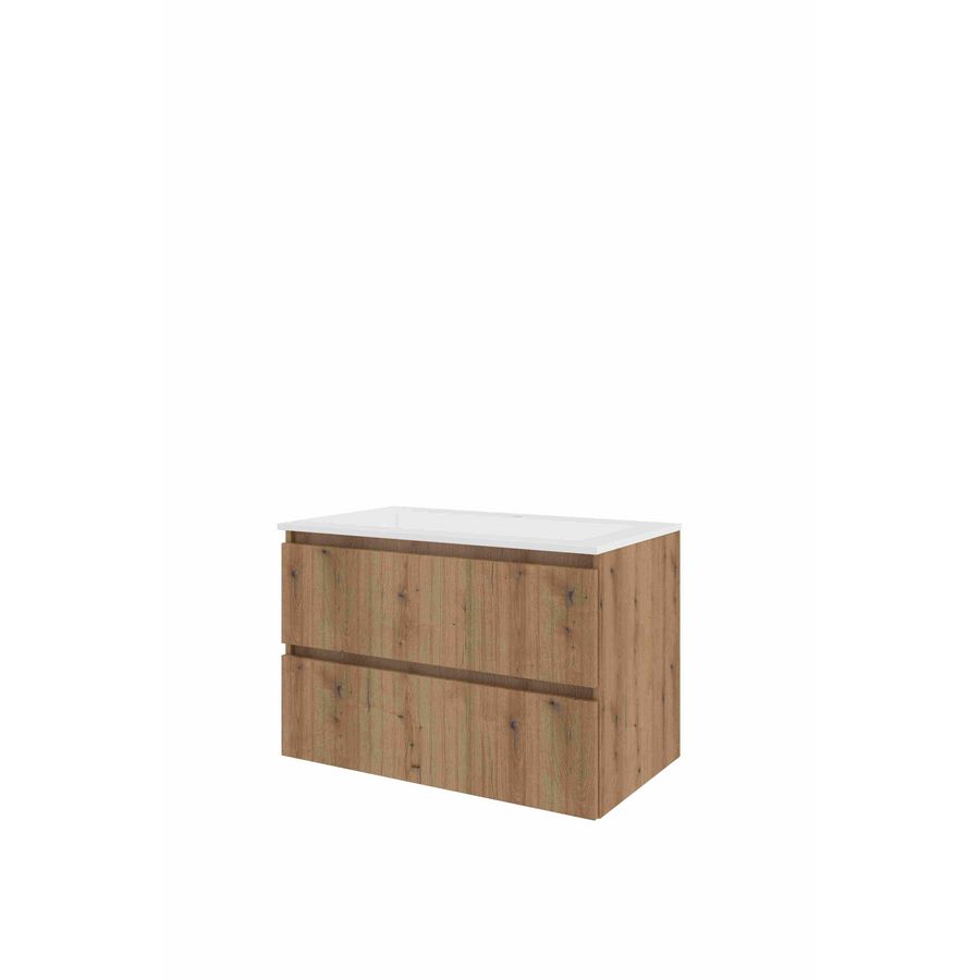 Polystone wastafel 1 kraangat onderkast symmetrisch 800X460X540 Urban oak / mat wit
